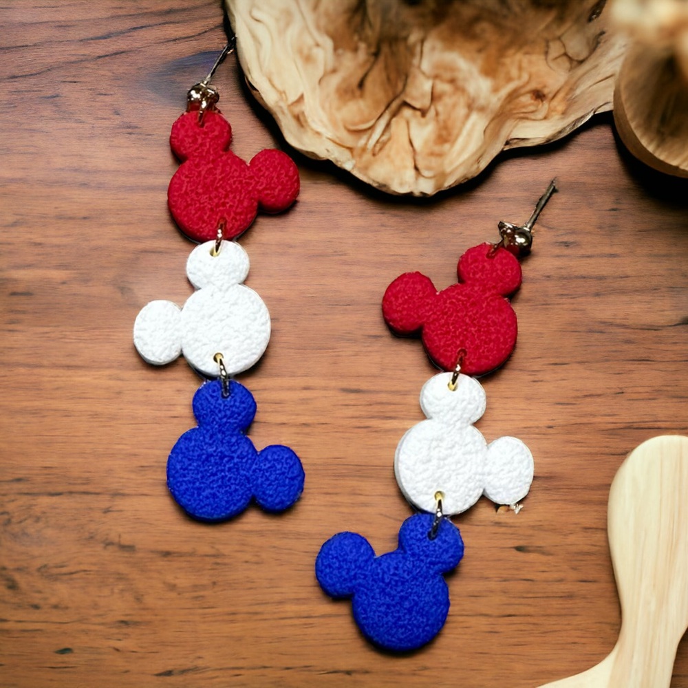 Mickey Mouse Red-White-Blue Fourth of July Polymer Clay Dangle Earrings